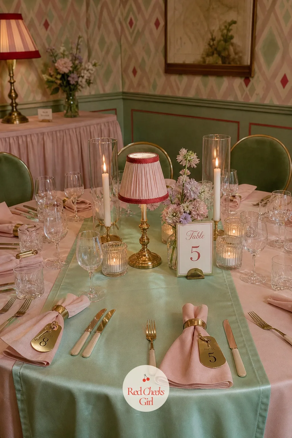 Pastel Pressed Tablecloths With Room-Key Napkin Fold — A wrinkled cloth undoes every other detail in this room, so pressing matters here more than almost