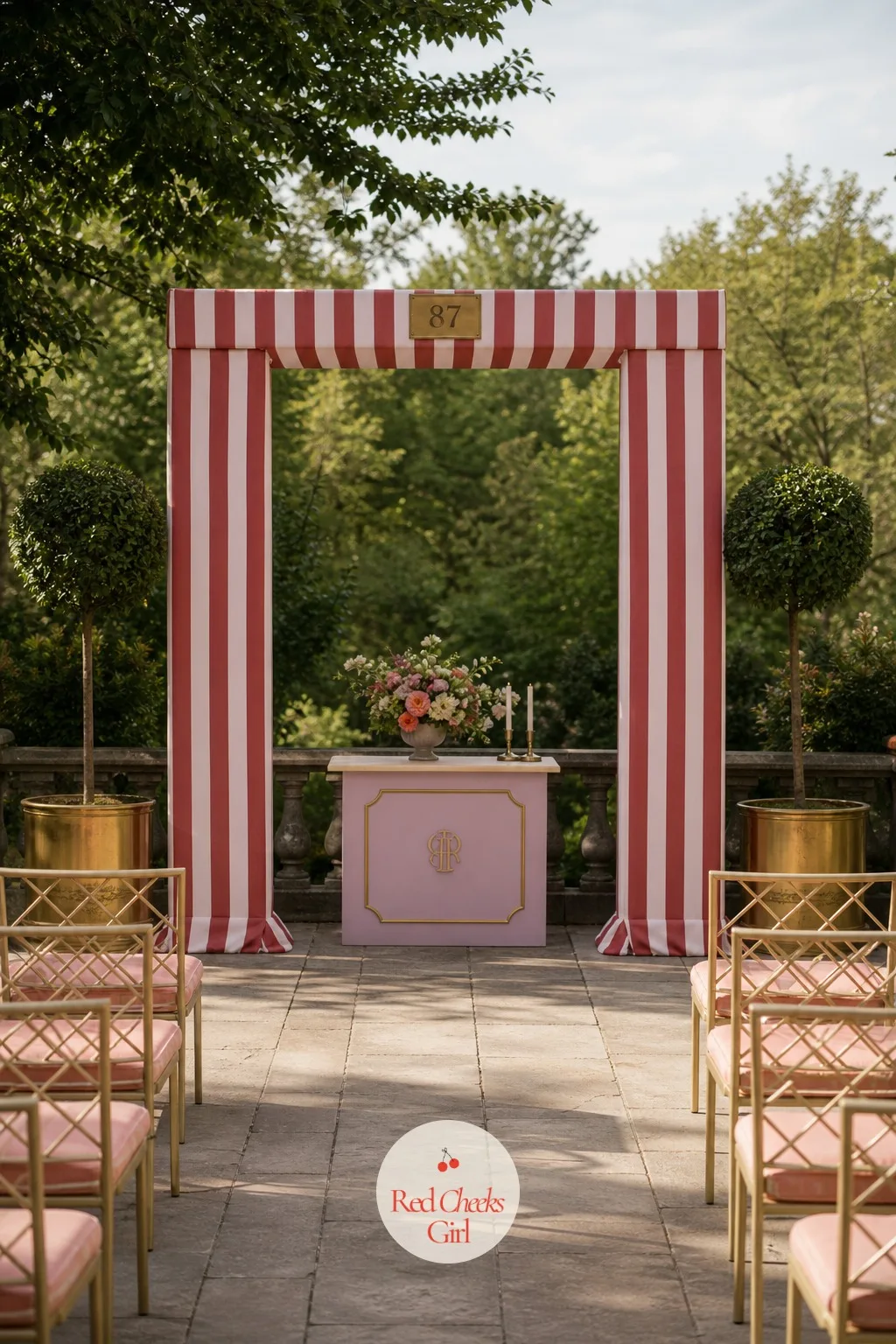 Symmetrical Ceremony Arch Styled Like A Hotel Facade — A floral arch that looks like every other wedding is not the brief here; this one needs to read as