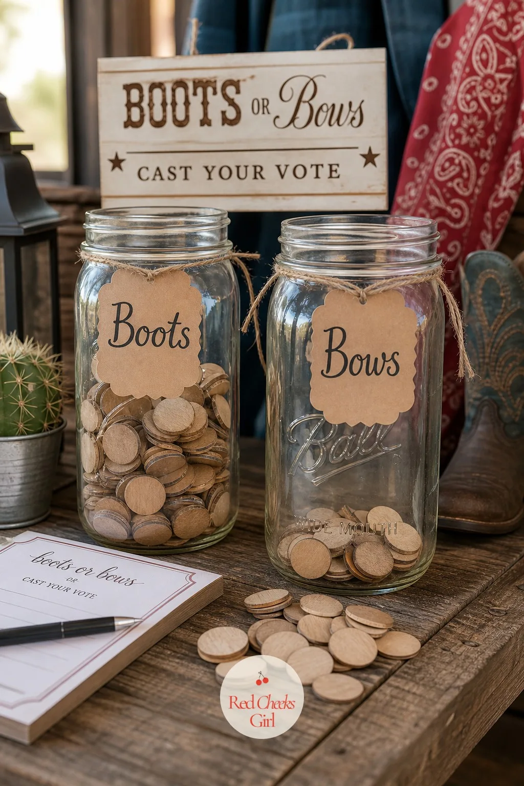 Boots Or Bows Ballot Jar — The wanted poster board rewards guests who like to write, but some people would rather just drop something in a jar and move on, so