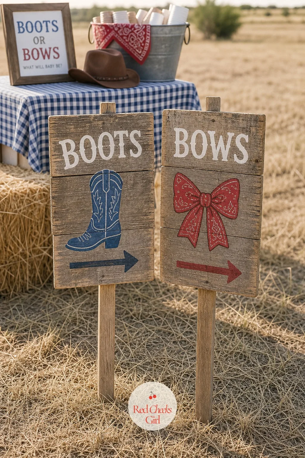 Boots Or Bows Directional Signs — Guests need to know which side is which before they have even said hello, and a plain paper sign gets lost in a yard full of