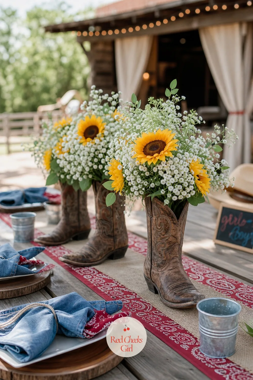 Cowboy Boot Centerpieces With Flowers — A vase in the middle of a picnic table looks out of place next to cast iron and gingham, where a real worn cowboy boot