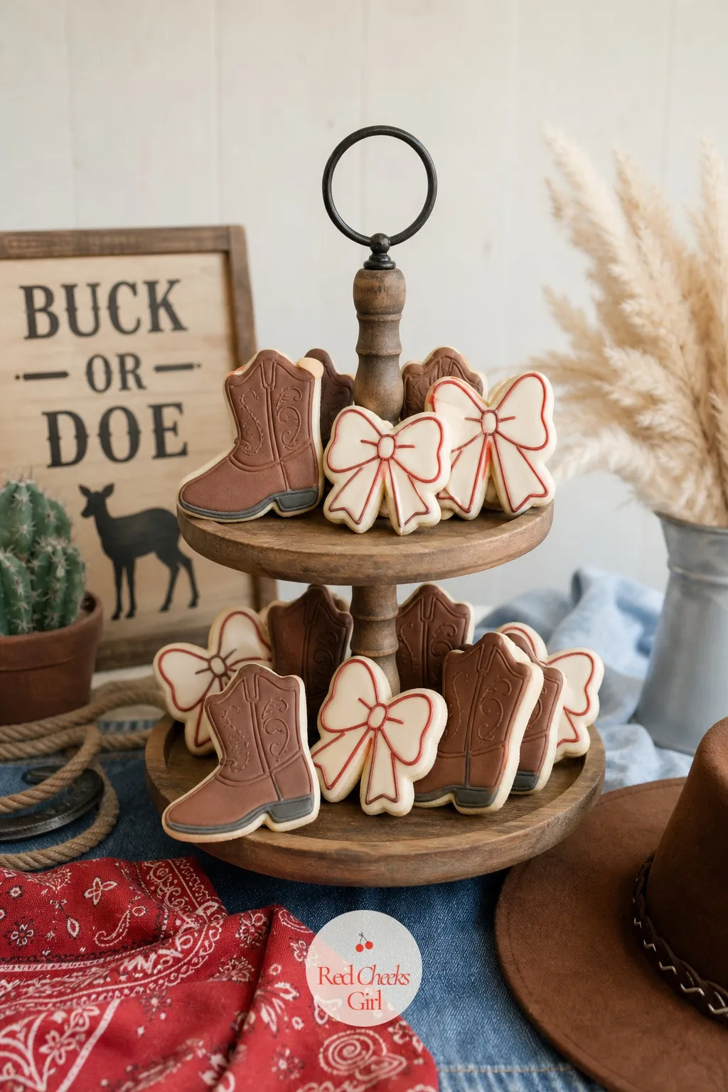 Cowboy Cookies — A plain sugar cookie gets lost on a table already full of pie pops and cake, so these need to look like the theme at a glance. Western gender