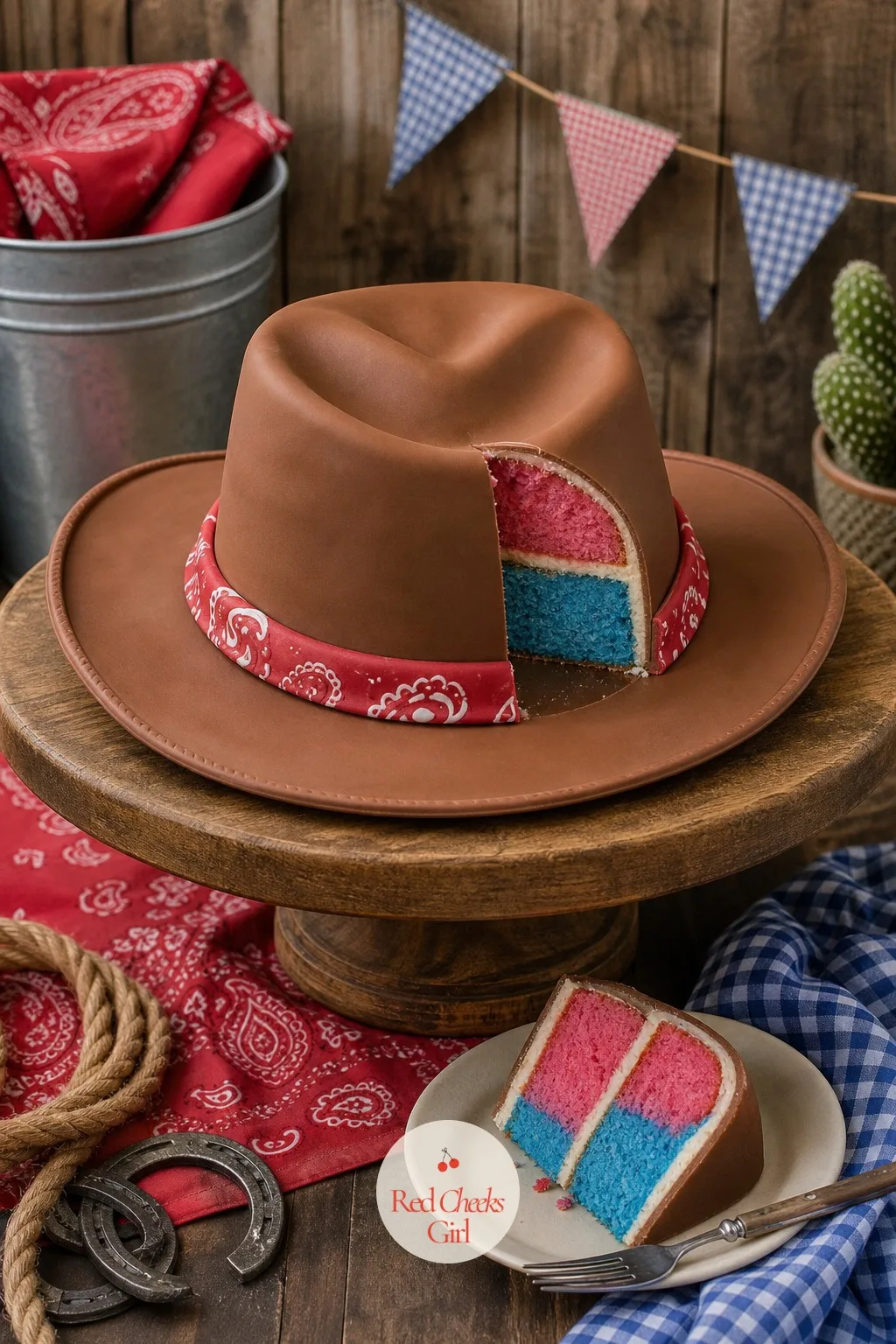 Cowboy Hat Cake — A plain round cake disappears on a table full of hay and gingham, so this one earns its spot on a cake stand of its own. Western gender
