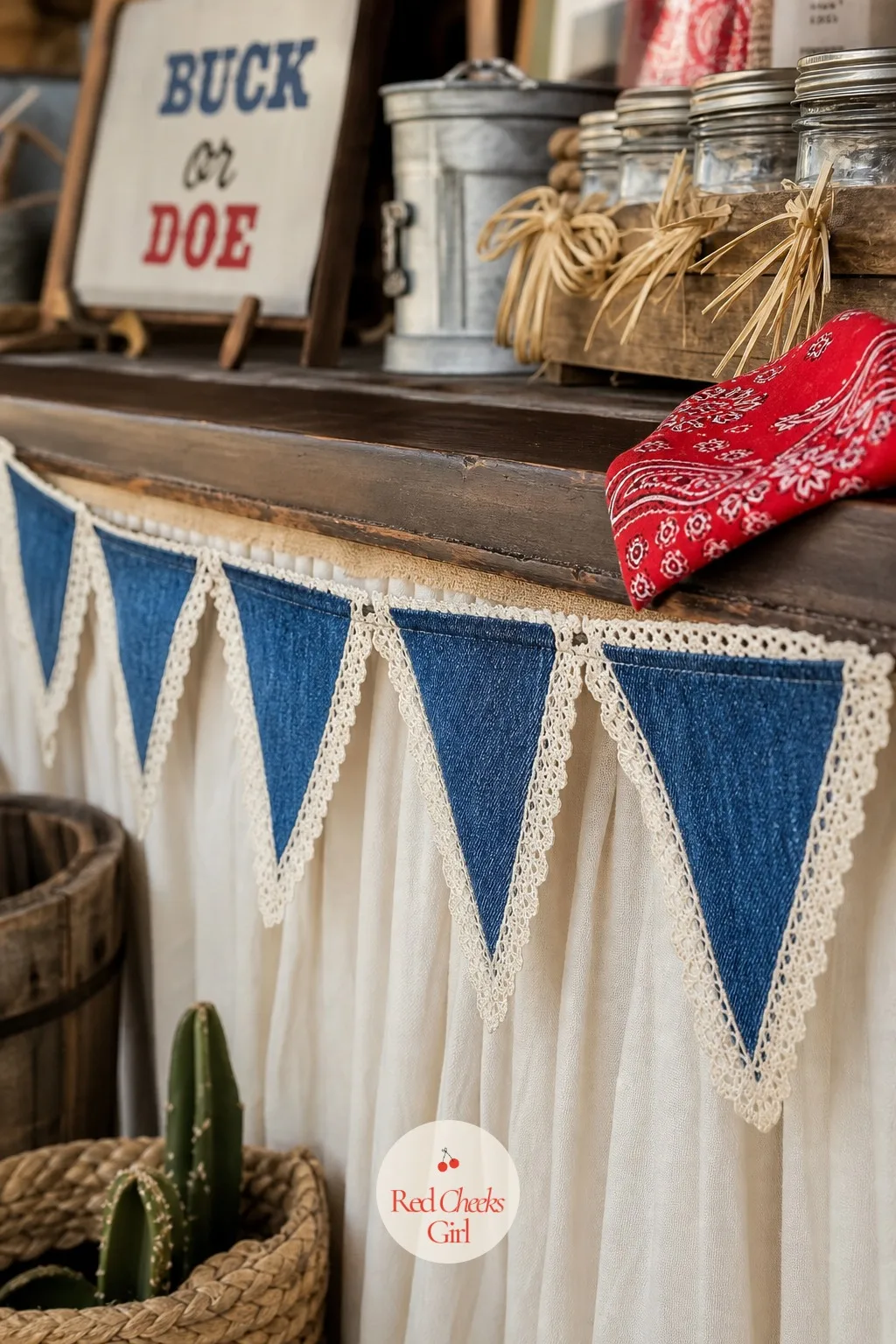 Denim And Lace Pennant Flags — The gingham bunting covers the big stretches, but a second, smaller set of flags gives the cake table its own identity instead