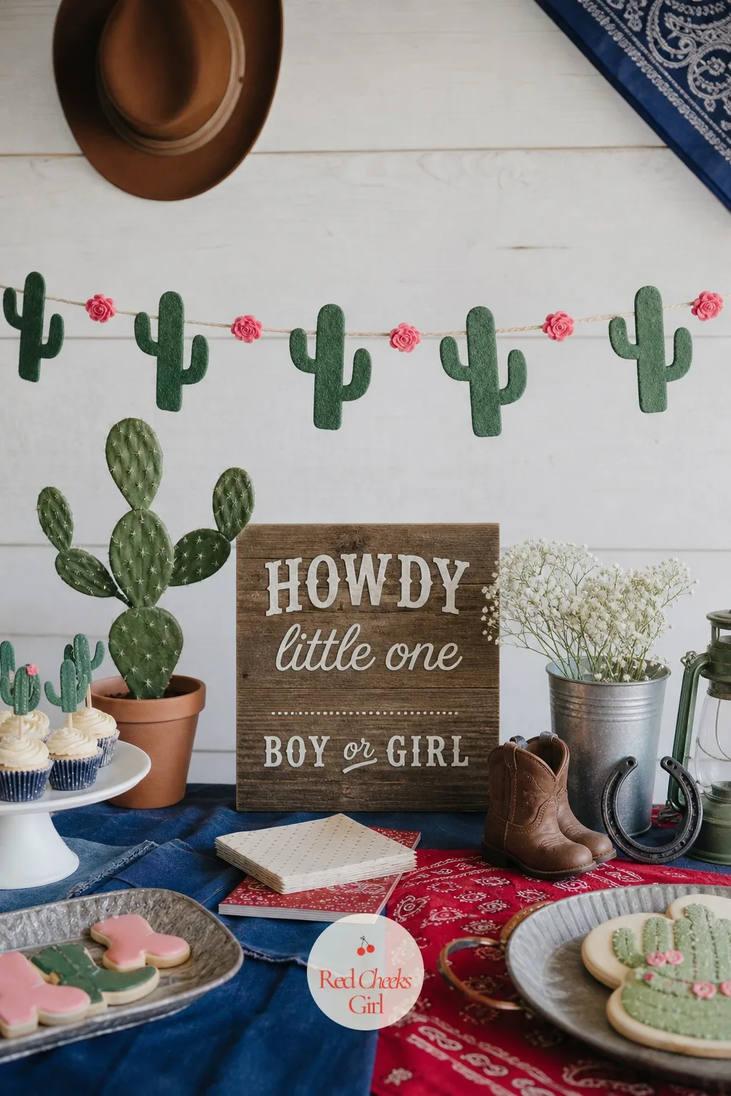 Felt Cactus Garland — Live plants dress the tables, but a hanging garland covers the vertical space a potted cactus never reaches. Western gender reveal ideas