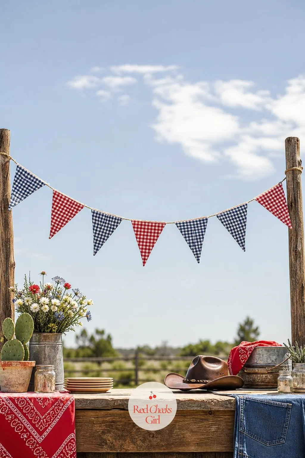 Gingham Bunting Banner — A plain string of lights says nothing about the theme on its own. Western gender reveal ideas