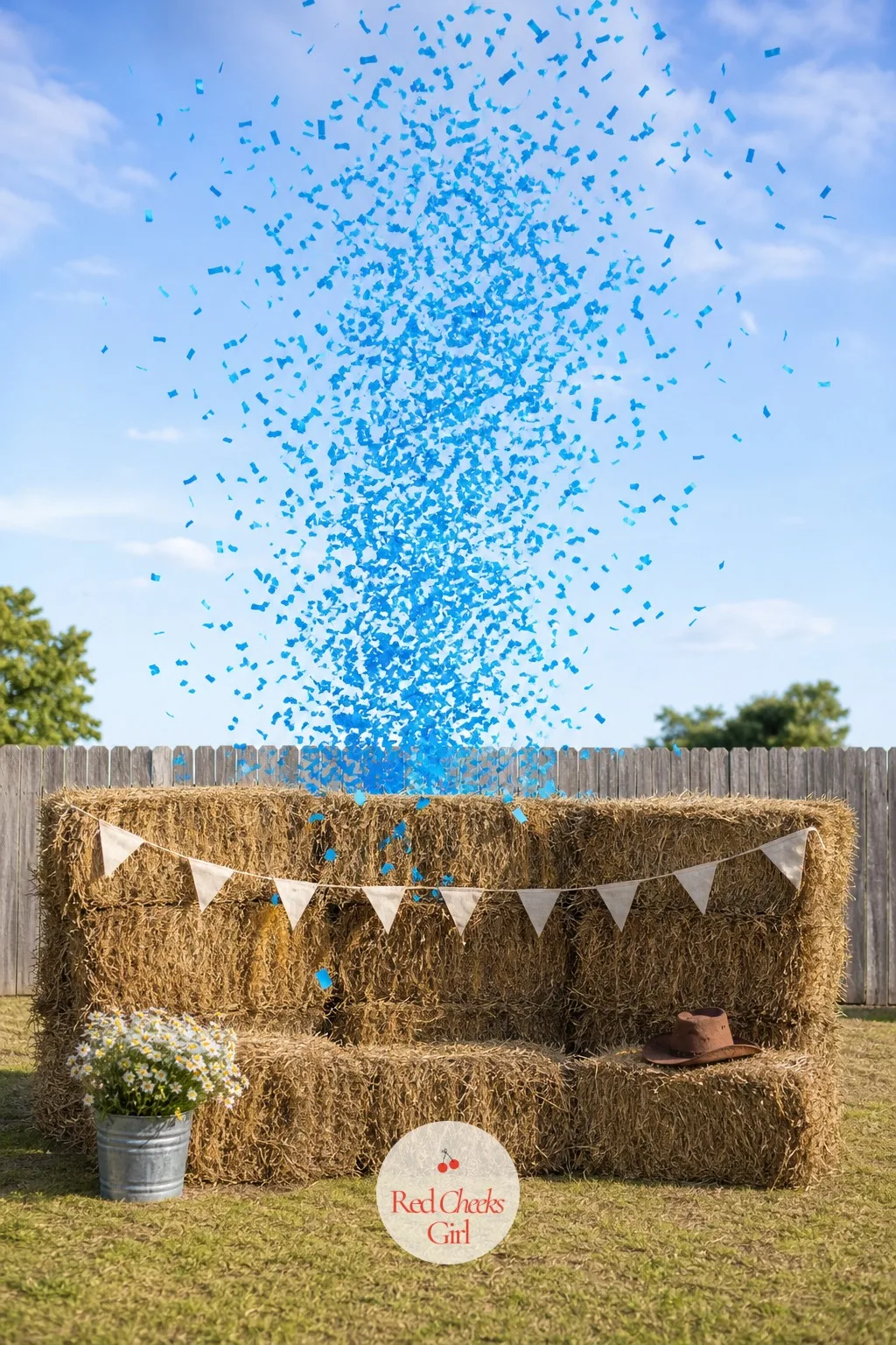 Hay Bale Photo Wall With The Reveal — A bare fence line looks tired by mid afternoon, which is exactly why the backdrop needs to do double duty as photo wall