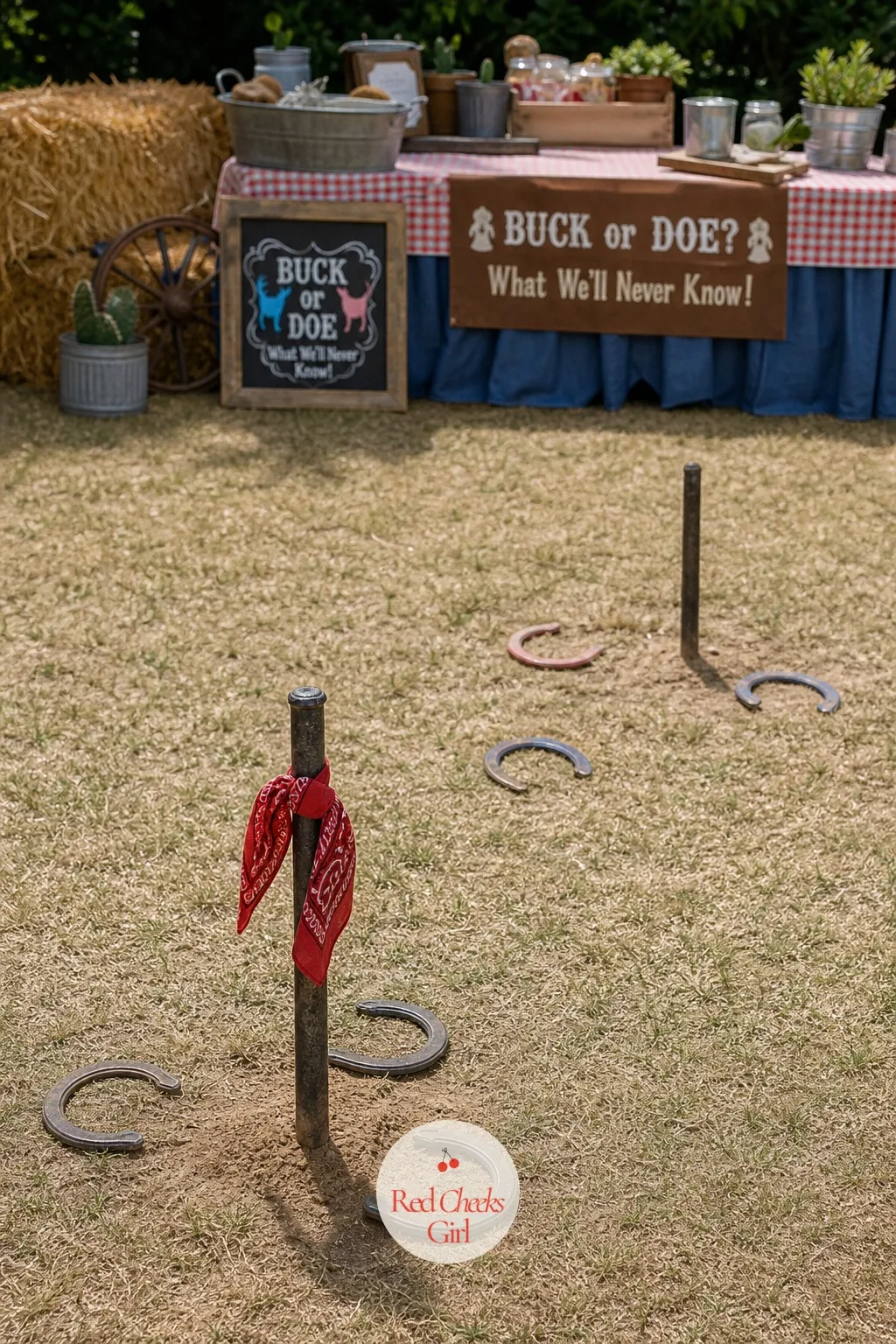 Horseshoe Toss Game — A yard full of standing adults needs one loud, simple thing to do before the reveal, and real horseshoes thrown at a stake in the grass