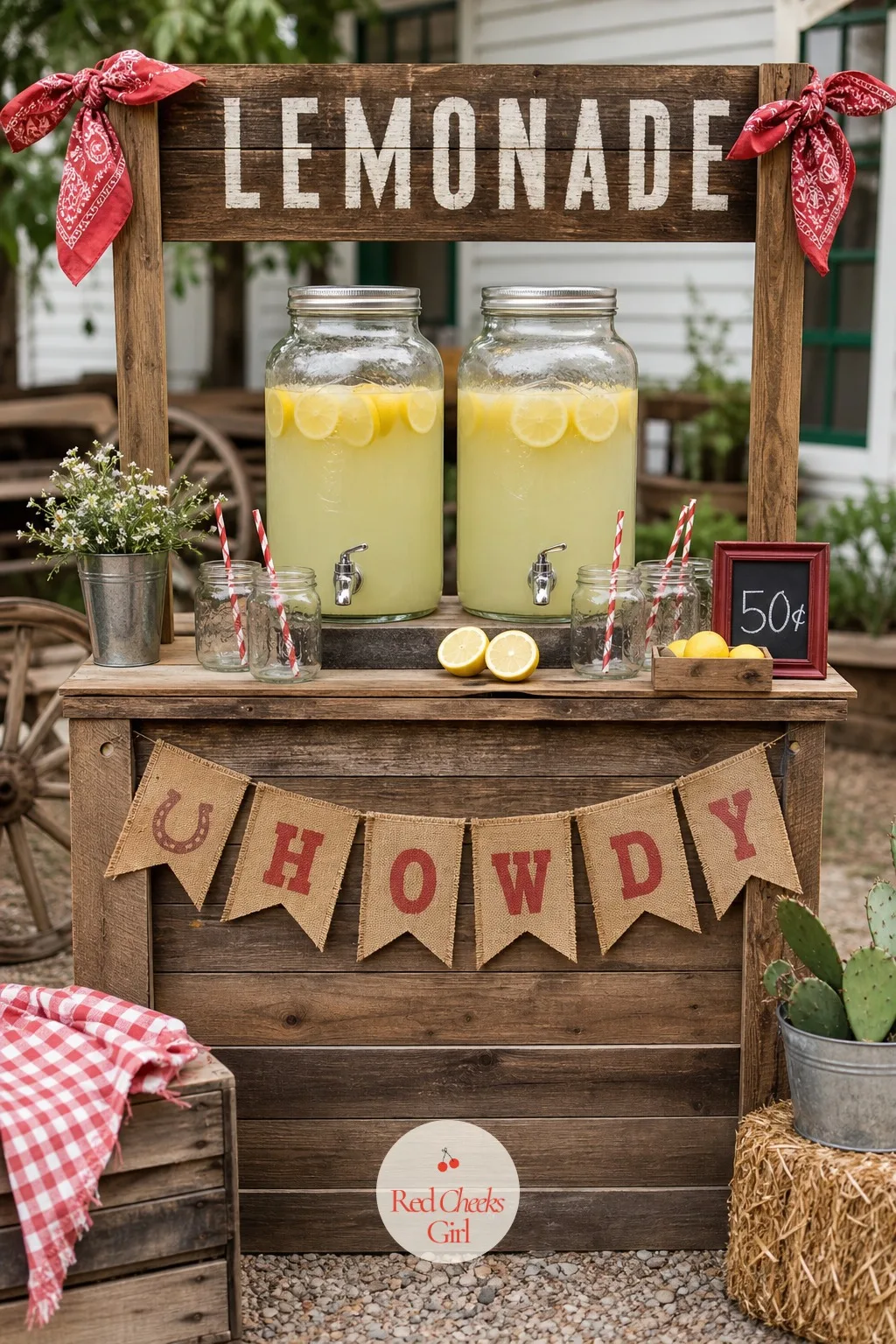 Lemonade Stand — A drink table pushed against a wall gets ignored, but a proper little stand built from a repurposed wood cart or a simple A-frame counter