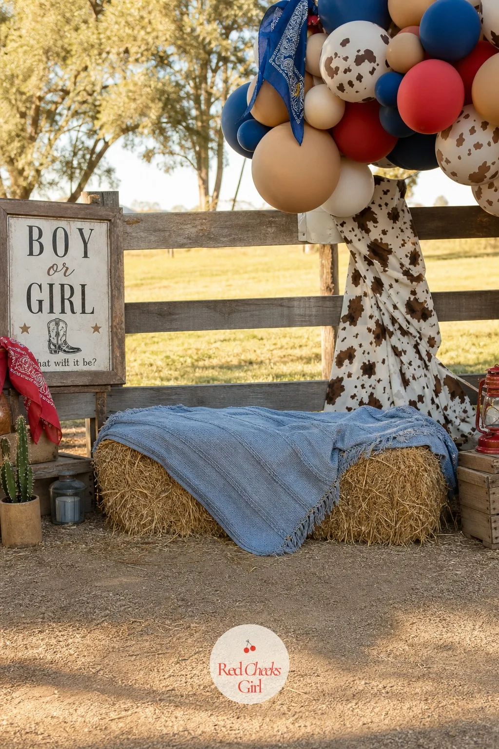 Stacked Hay Bale Seating Pair — Standing guests drift, and a drifting crowd misses the reveal. Western gender reveal ideas
