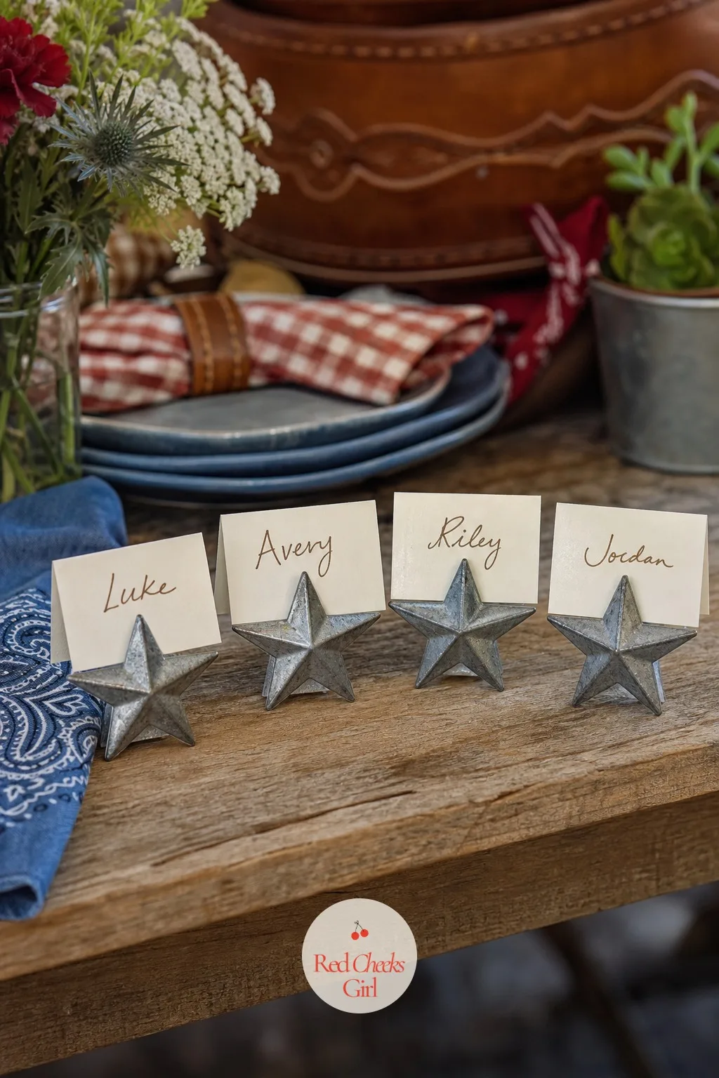 Tin Star Place Card Holders — Place cards slide around on a windy table and rarely survive the afternoon flat, but a small tin star with a slit cut into the