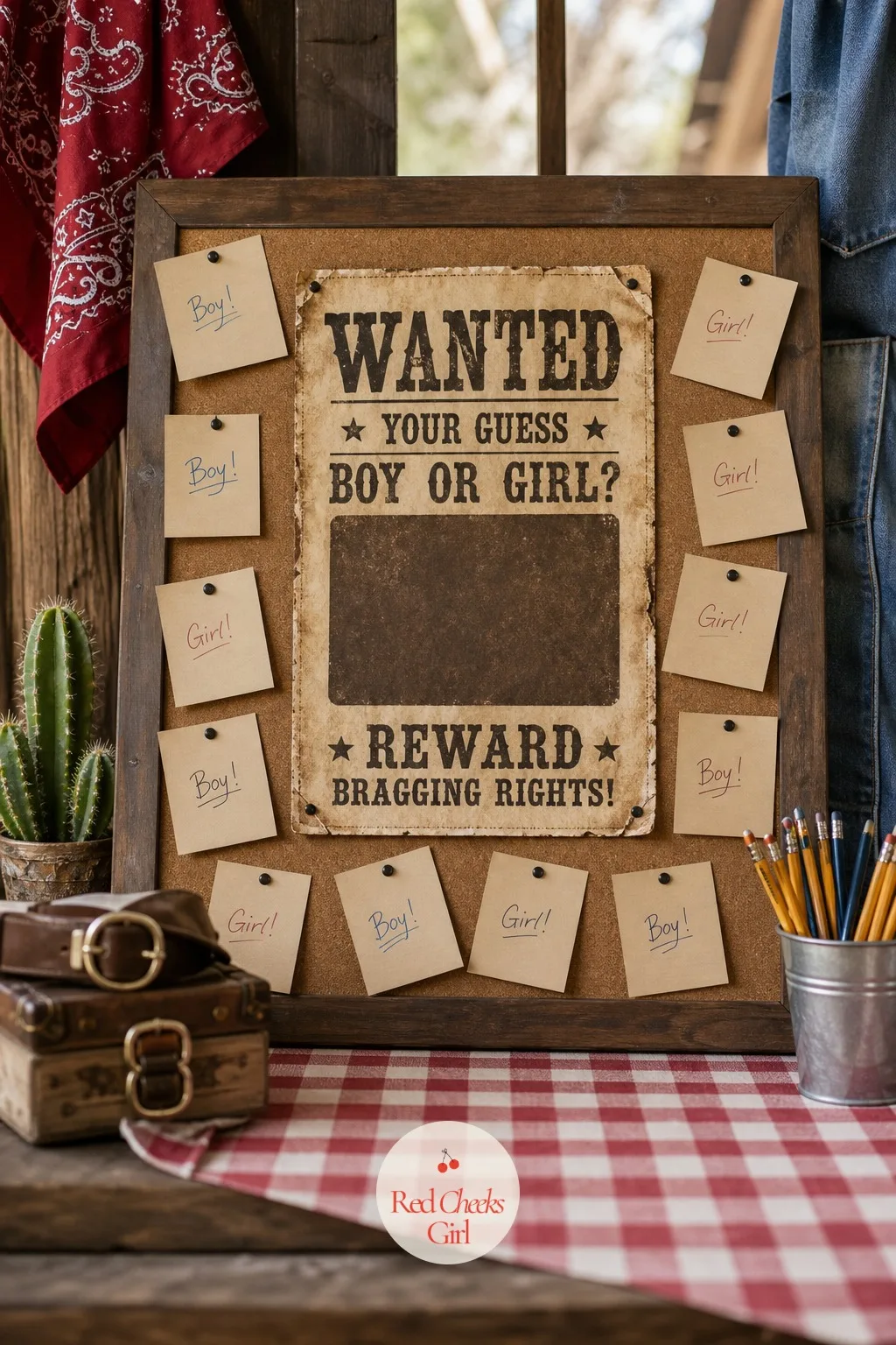 Wanted Poster Guessing Board — A plain guest book gets ignored once the food arrives, but a corkboard dressed as a wanted poster pulls people over on its own.