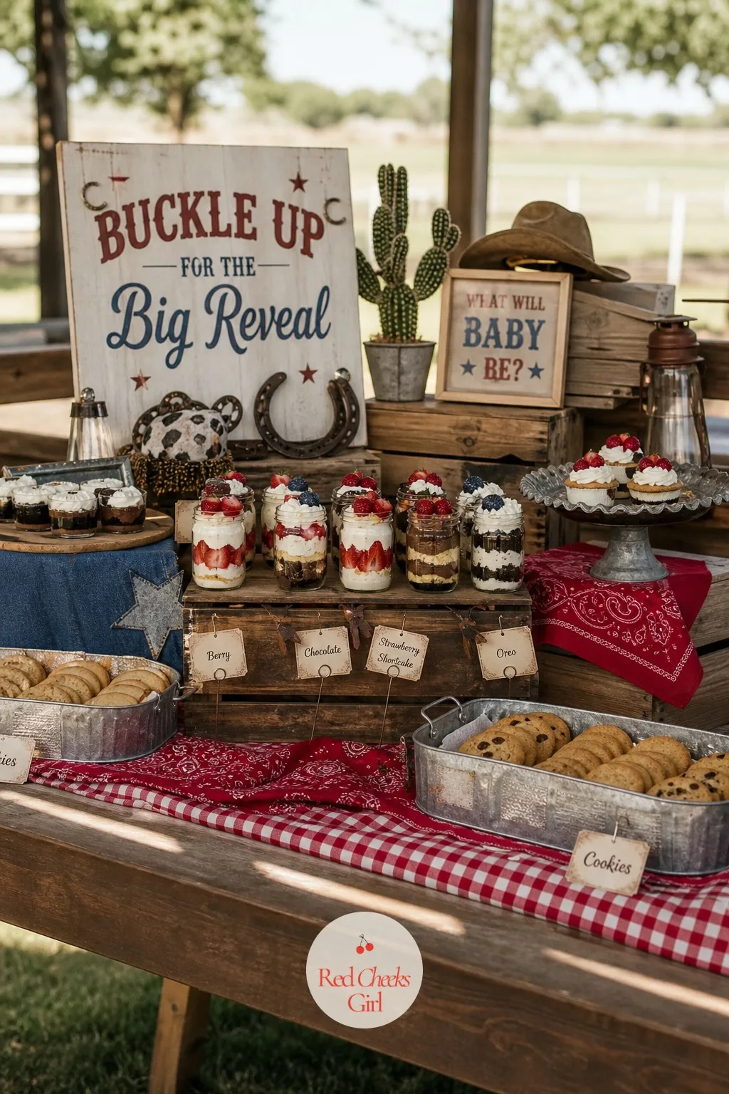 Western Dessert Table — A row of plates on a bare tablecloth never photographs as well as a styled spread, so build this one with height from the start.