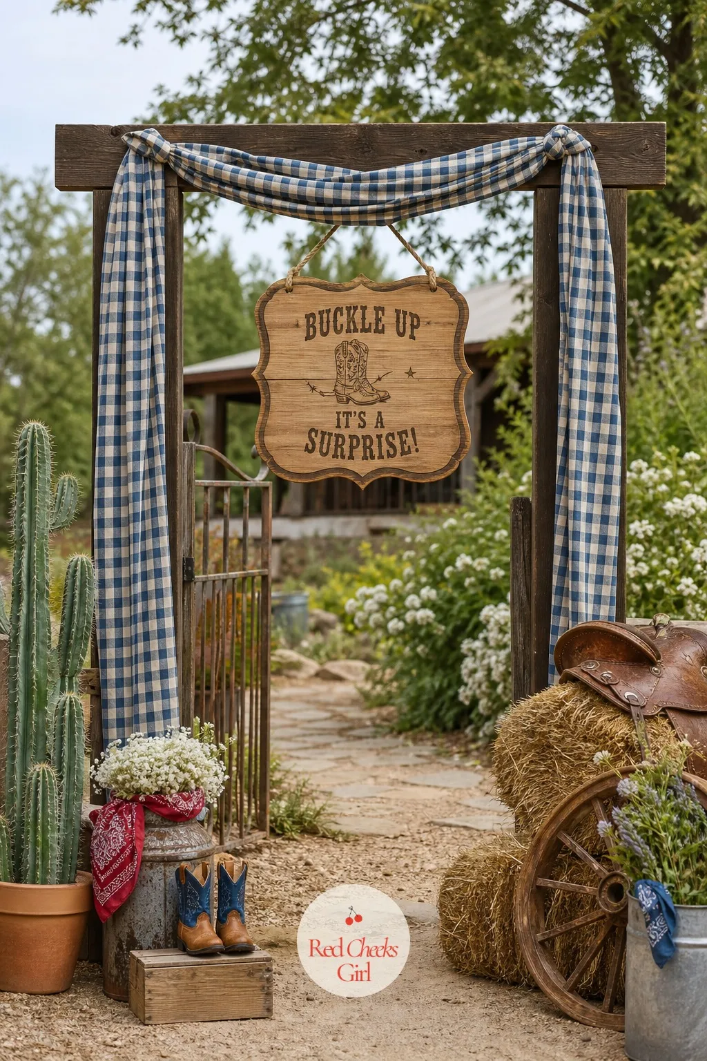 Wood Plank Welcome Arch — An empty gate says nothing about the party waiting behind it. Western gender reveal ideas
