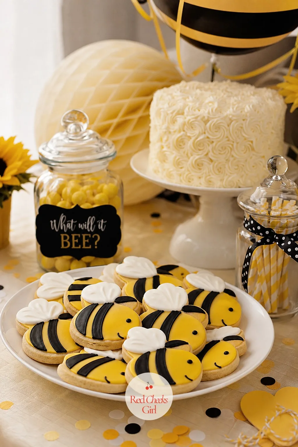 Bee Sugar Cookies — A plain round cookie gets lost next to a cake this detailed, so give it a shape of its own. What will it bee gender reveal