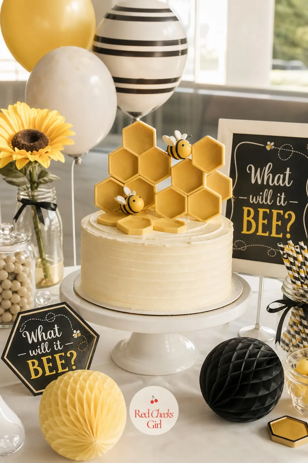 Cake With Honeycomb Topper — If the cake is going to carry the whole theme on its own, the topper is where that happens. What will it bee gender reveal
