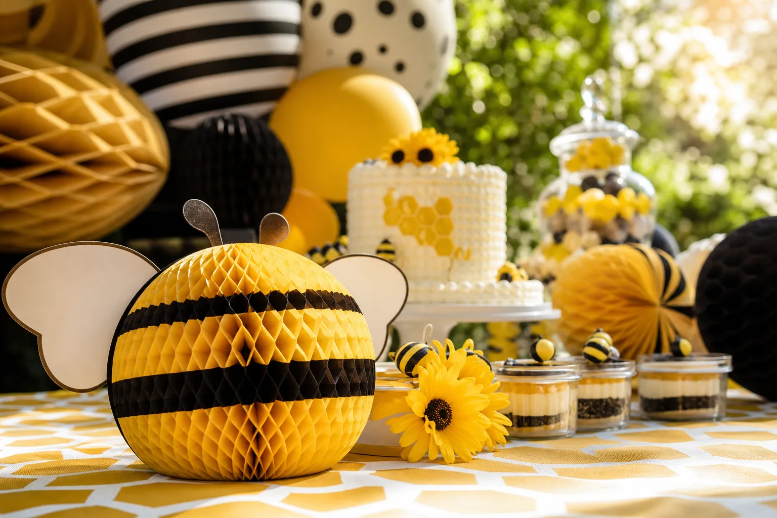 19 What Will It Bee Gender Reveal Ideas With Honeycomb and Striped Balloons