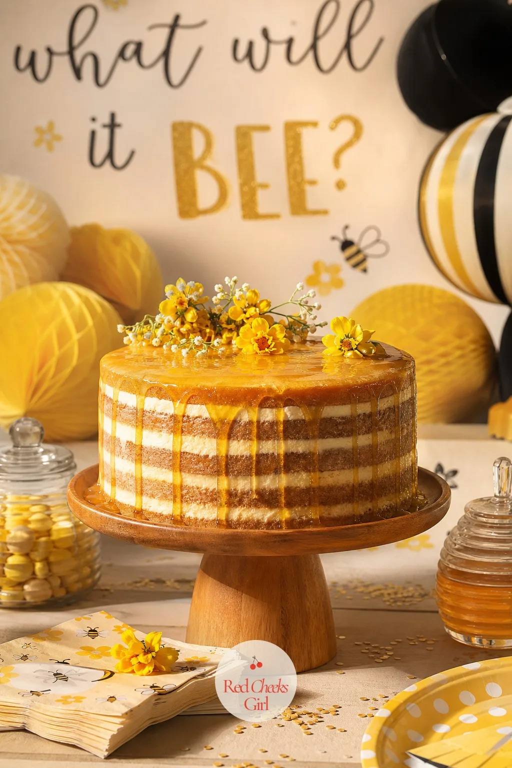 Honey Drip Cake — A plain frosted cake disappears on a table full of stripes and sunflowers, and that is the whole case for letting this one drip. What will it