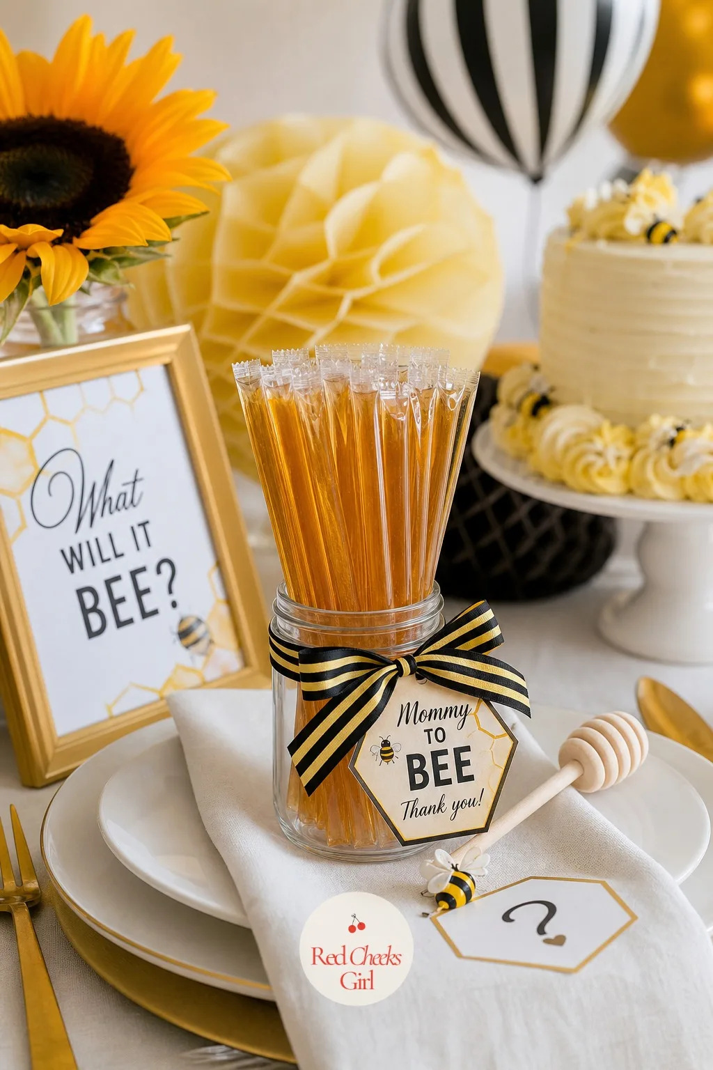 Honey Stick Bouquet Favors — A single honey stick in a goody bag gets lost among napkins and mints, but a bundle of them standing up in a jar reads as a proper