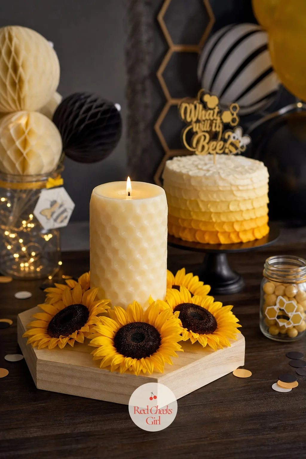 Honeycomb Candle Centerpiece — For the end of a long table or a spot where flowers would just get knocked over, a low candle piece works harder. What will it