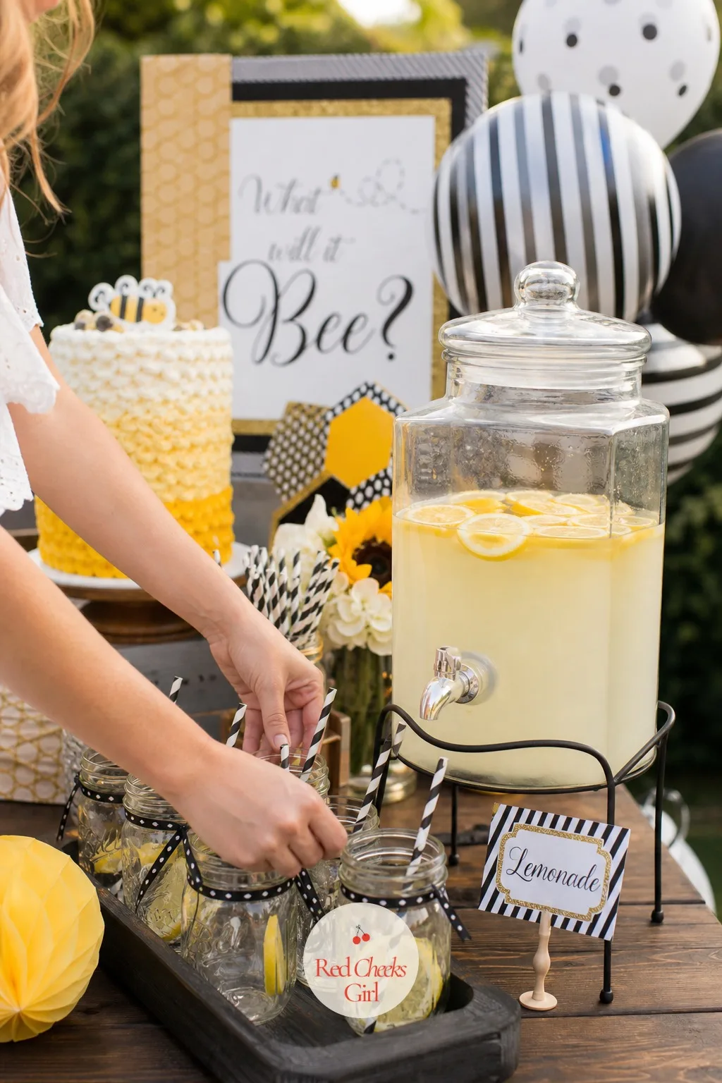 Mason Jar Lemonade Station — A pitcher on its own looks like something grabbed from the fridge, not something styled for a party. What will it bee gender reveal