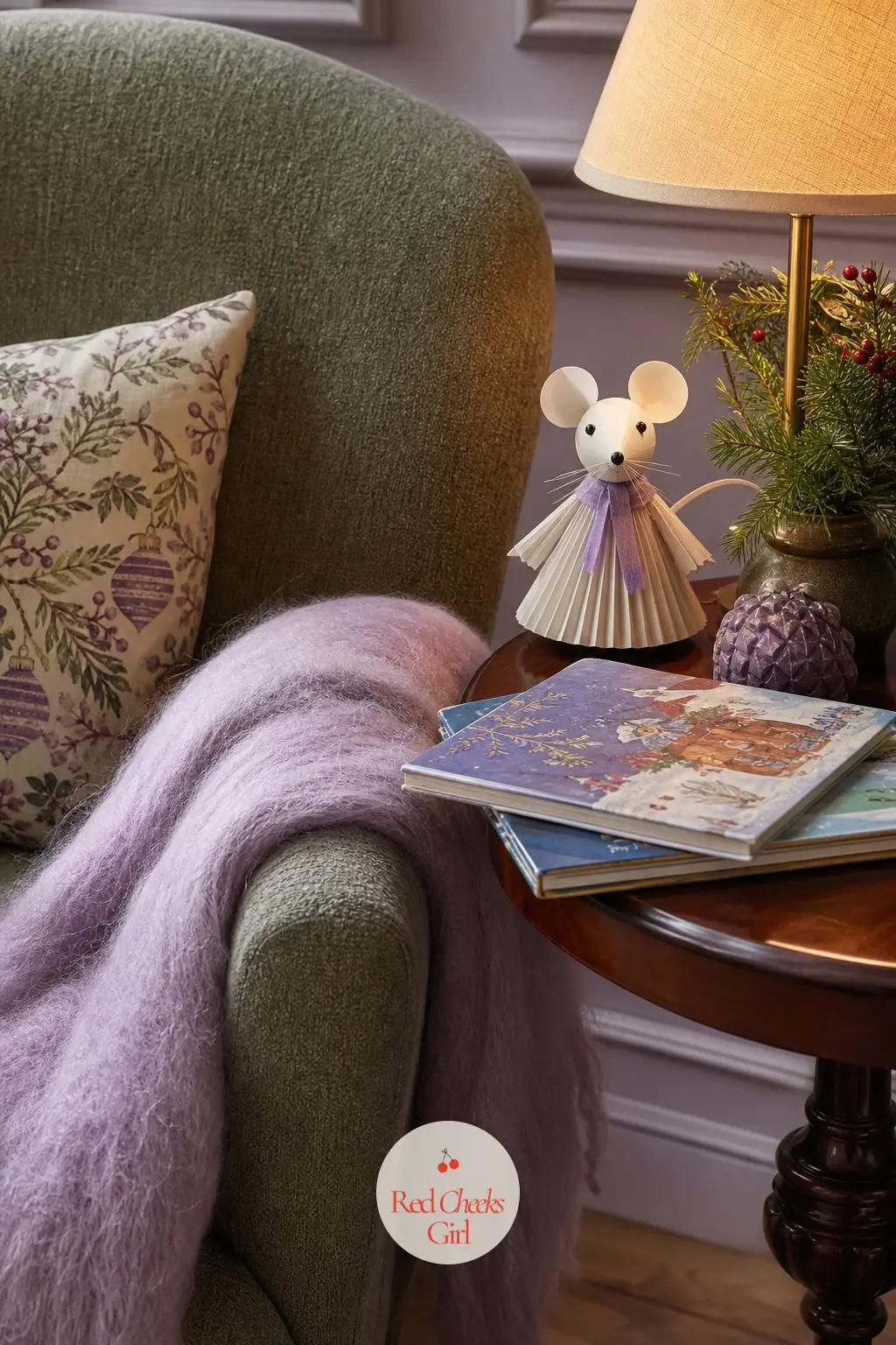 The Armchair Reading Corner — One armchair gets a lavender mohair throw tossed over the arm and a stack of picture books on the side table instead of a coffee