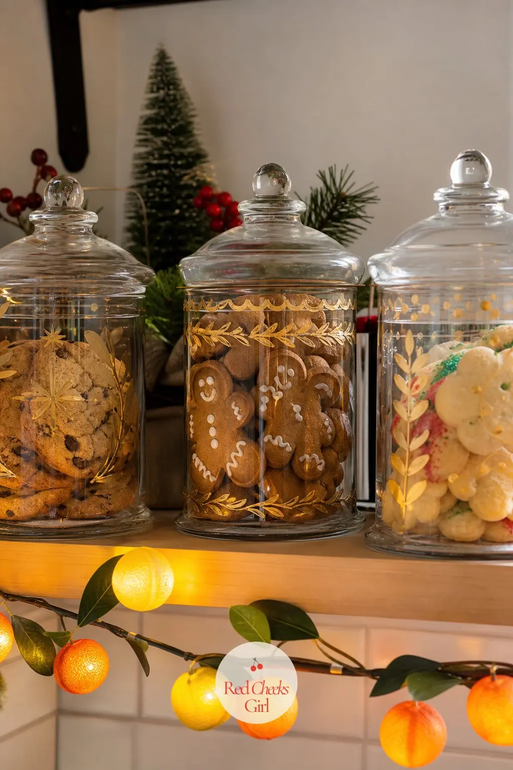 The Cookie Jar Shelf — A narrow shelf above the counter holds three glass cookie jars in a row, each one labelled by hand in gold paint pen with a joke