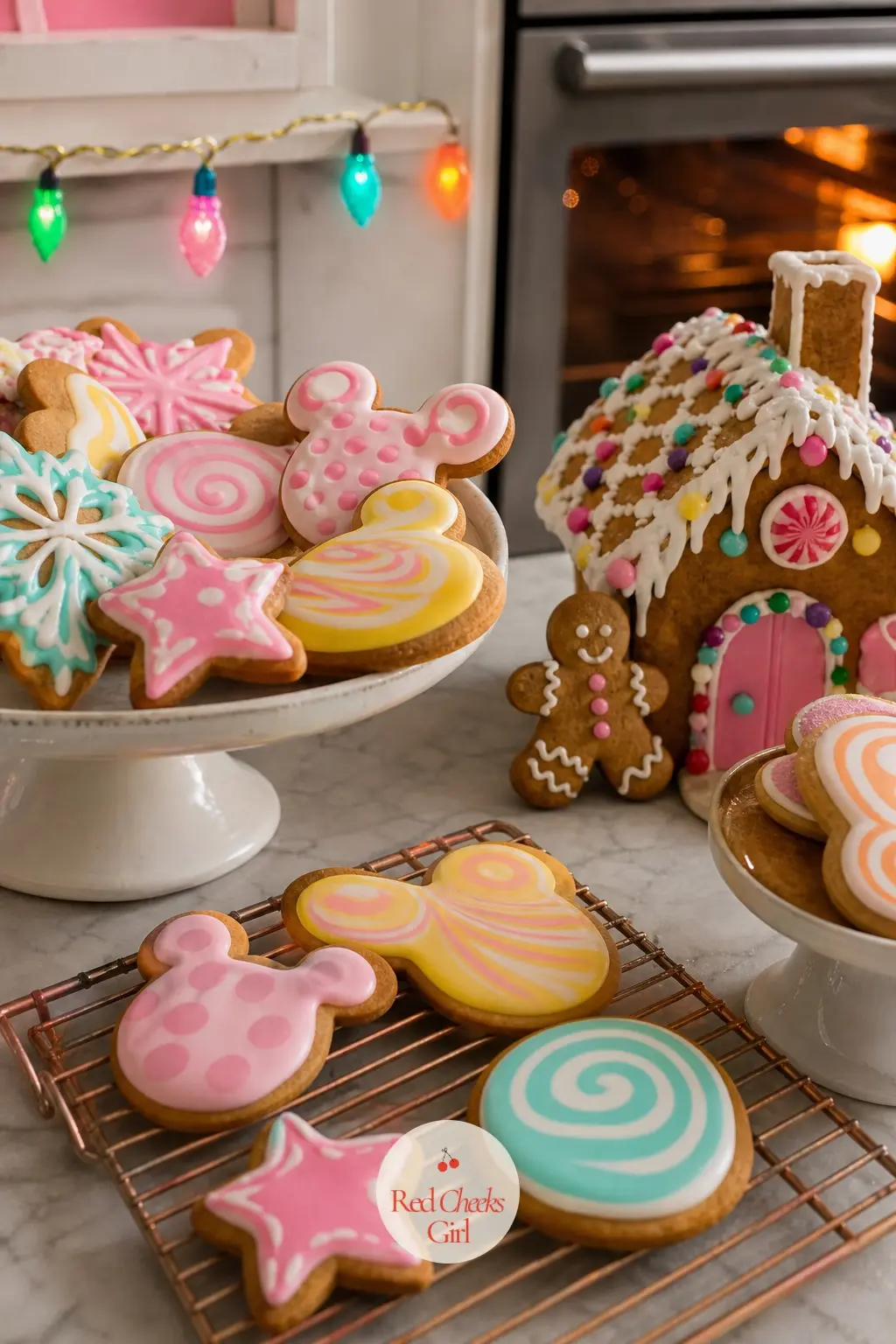 Cookies and Gingerbread — The gingerbread here skips brown and white entirely: royal icing goes on in candy pink, orange, aqua and lemon swirls, with tiny gold