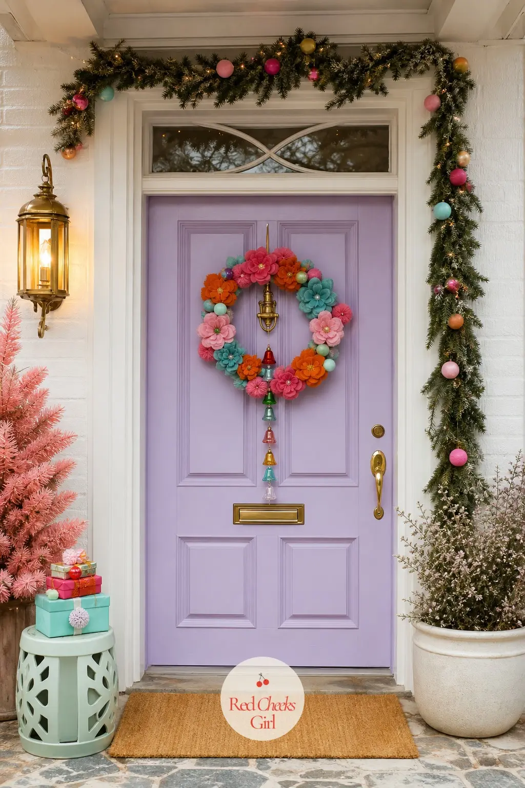 The Front Door — The wreath skips the traditional evergreen entirely and goes full candy shop: felt flowers and paper swirls in pink, orange and aqua, wired