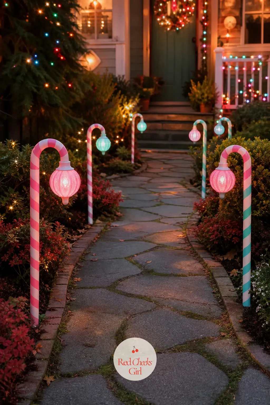 The Front Walkway — Striped stake lights in candy pink and aqua march the length of the path like something out of a sweet shop, low enough that nobody trips