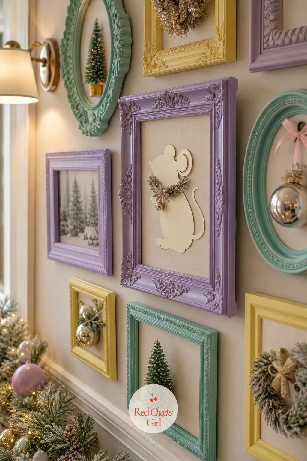 The Gallery Wall — Swap the usual family photographs for a run of storybook-style illustrations in frames painted to match the palette: one lavender frame, one