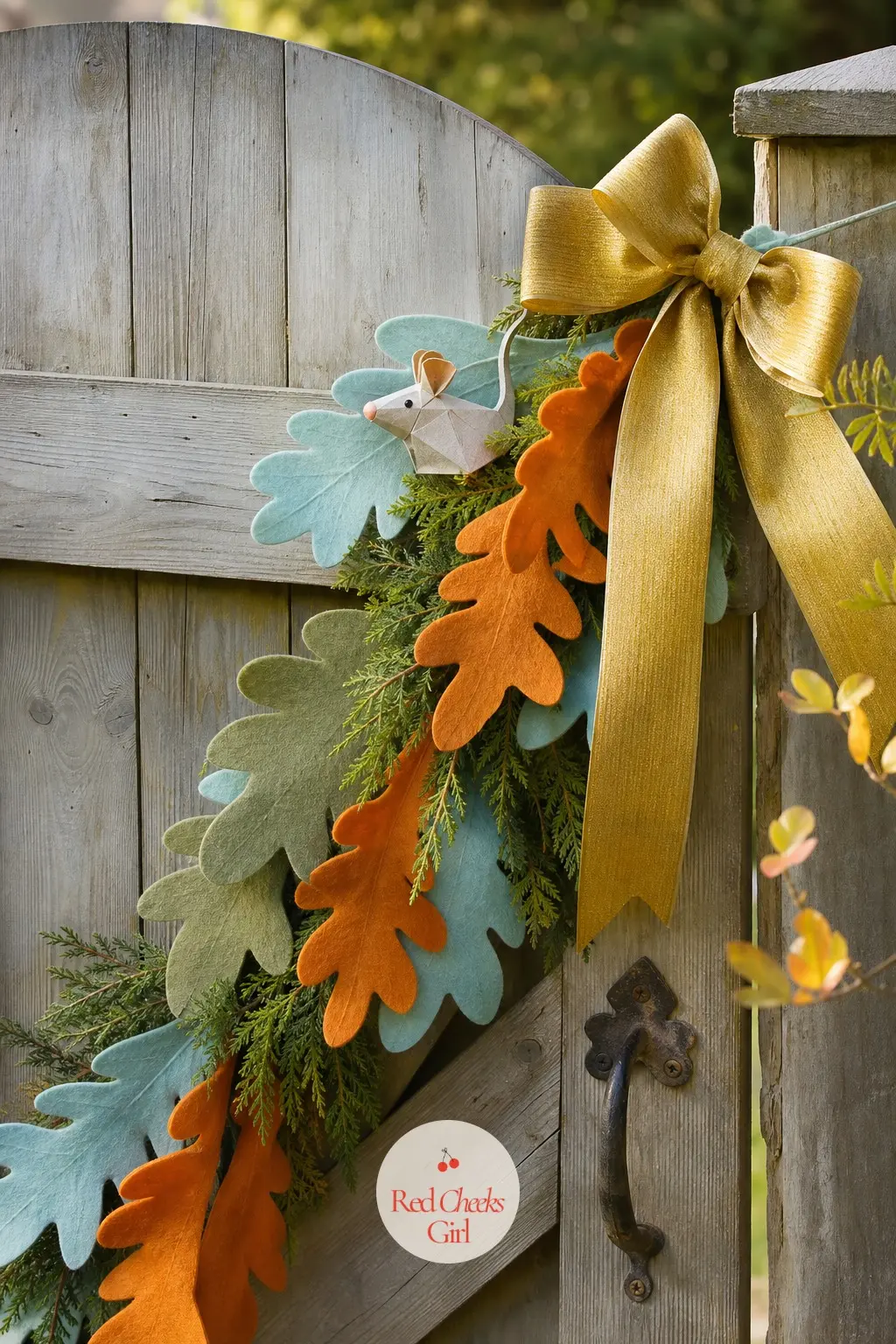 The Garden Gate — A side gate or garden entrance gets a single swag of felt leaves in orange and aqua tied with a wide gold ribbon bow, small enough to survive