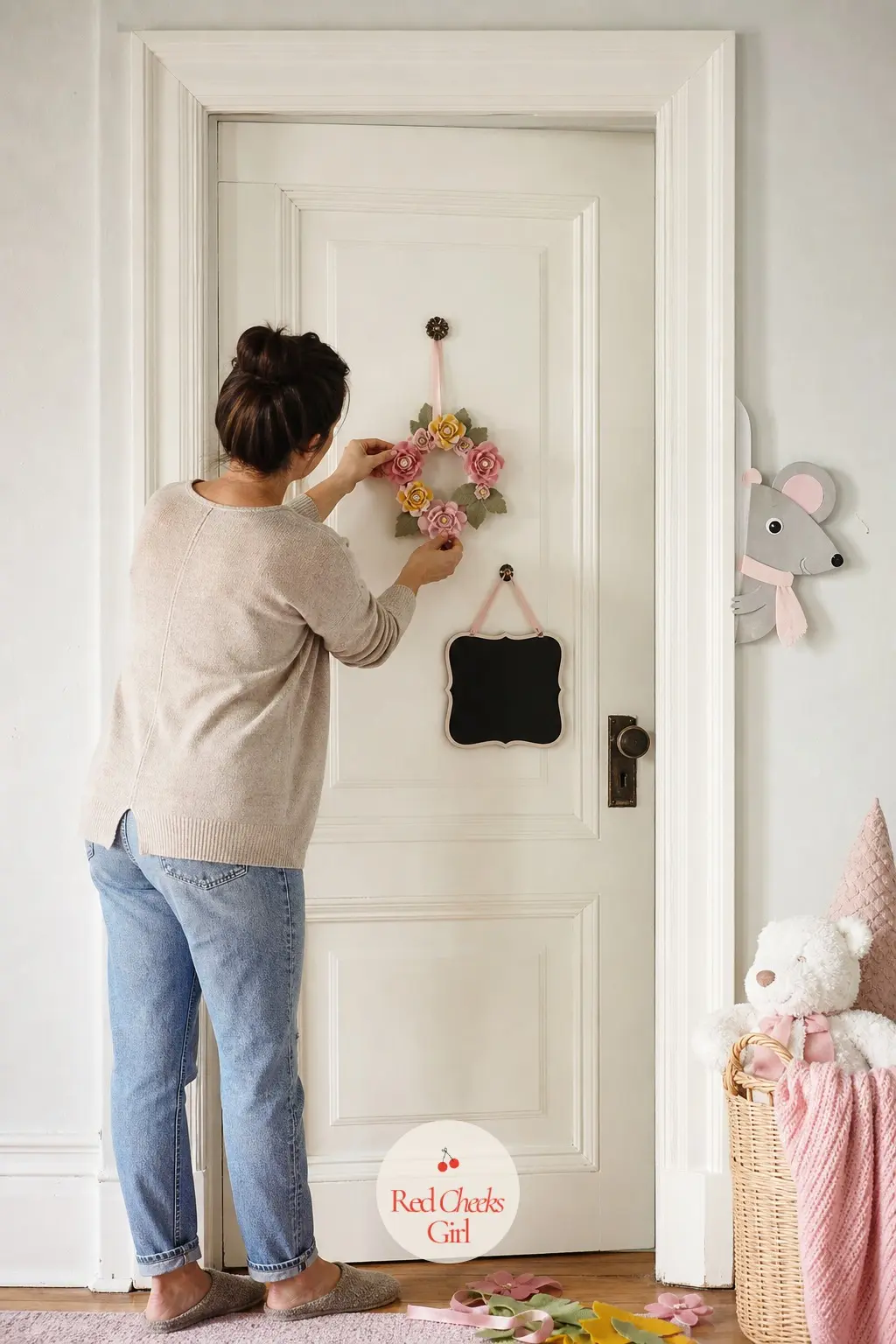 The Kids' Bedroom Door — A simple wreath in felt flowers, scaled down to child height, hangs on the bedroom door with a small chalkboard tag beneath it for a