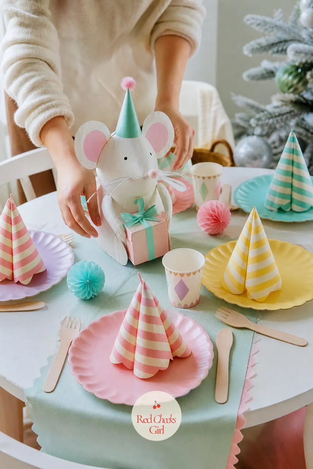 The Kids' Table Setting — A small table set just for the children gets its own full palette: six painted paper plates in alternating colours, six striped