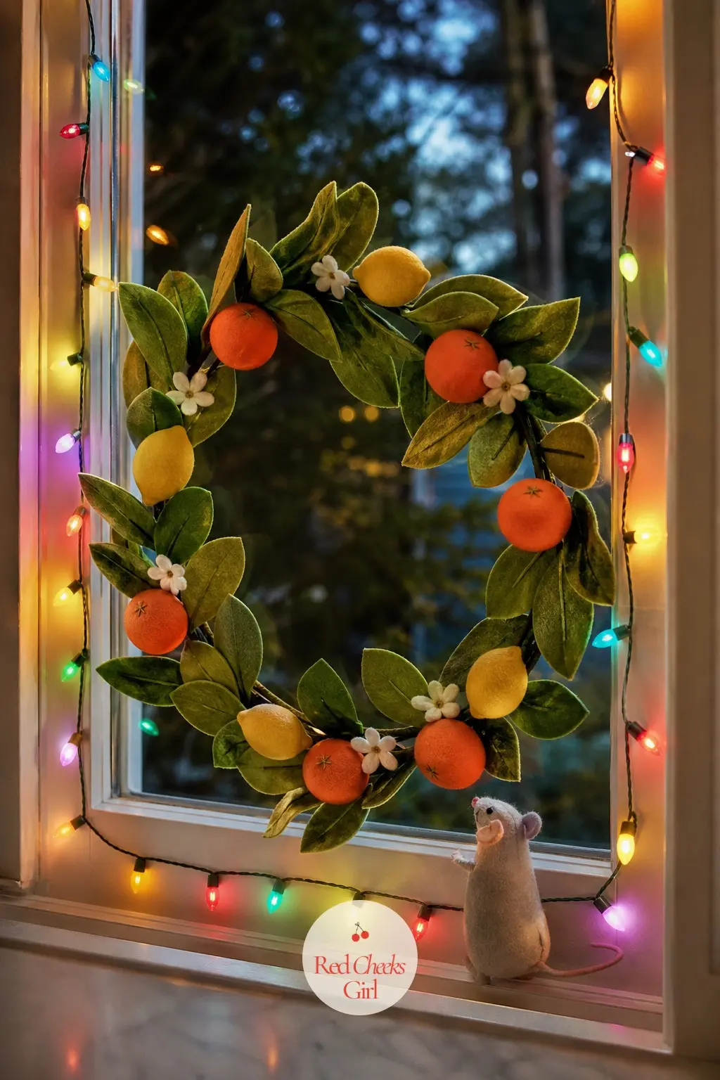 The Kitchen Window — A small wreath hangs at the kitchen window, built from felt leaves in orange and lemon rather than evergreen, with one tiny paper mouse