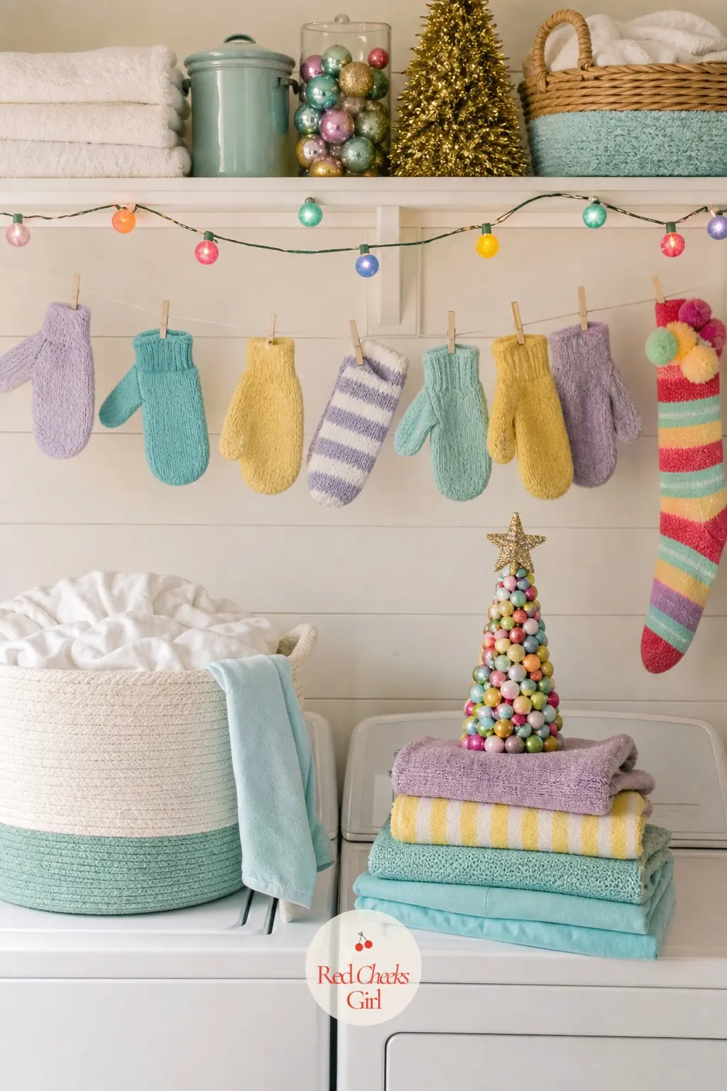 The Laundry Nook — Even the laundry room gets a wink: a line of mismatched mittens in aqua, lemon and lavender clips to a short cord above the machines as