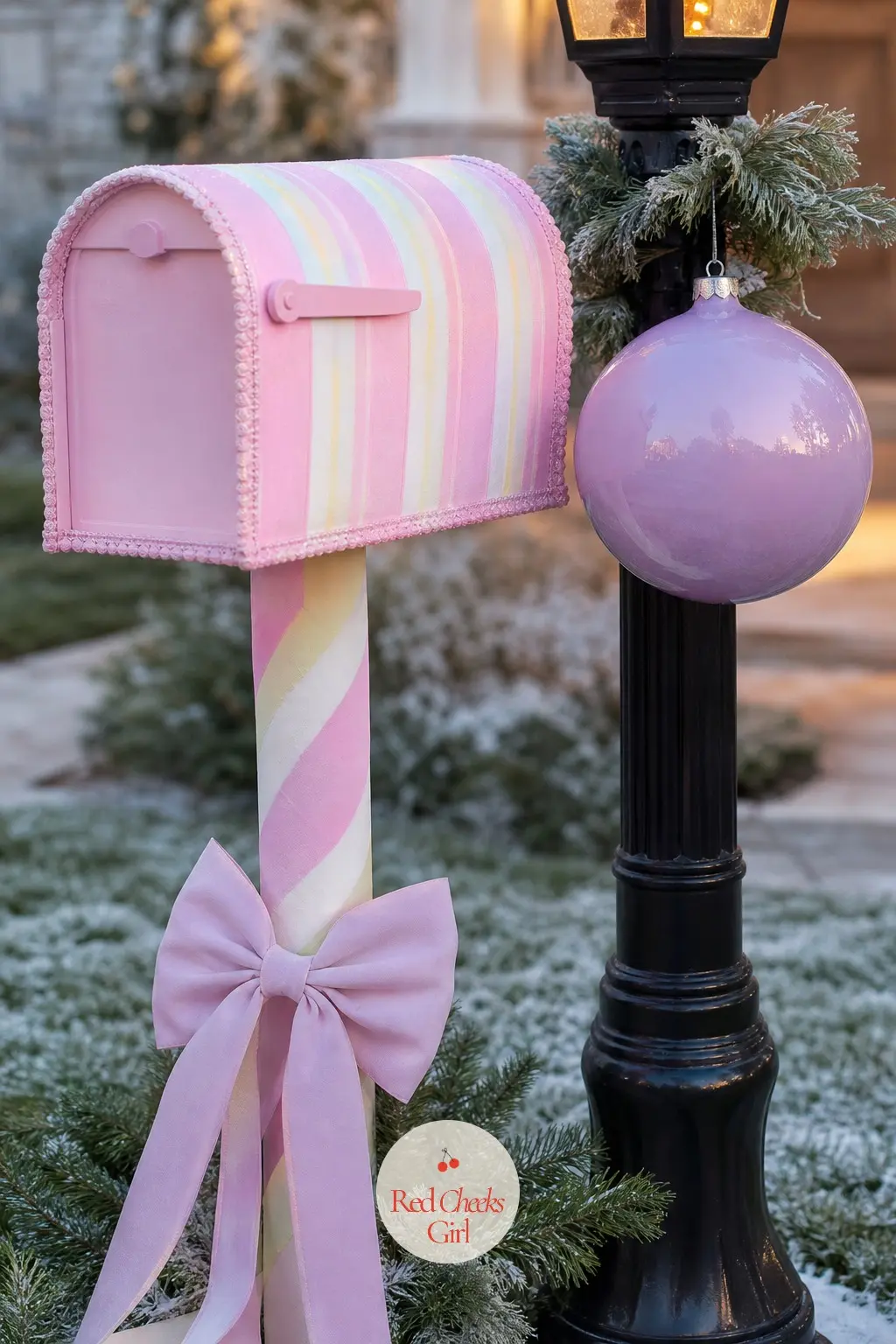 The Mailbox and Lamppost — A striped fabric cover turns the mailbox into something a storybook postman would deliver to, pink and lemon bands wrapped neatly