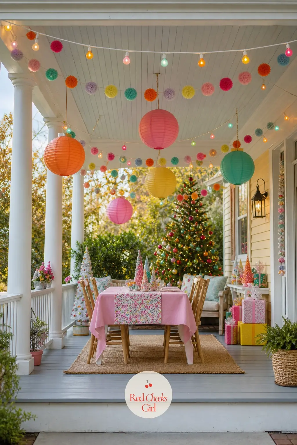 The Porch Ceiling — Nobody looks up on a porch, which is exactly the argument for doing something there: a run of pom-pom bunting in all five colours, strung