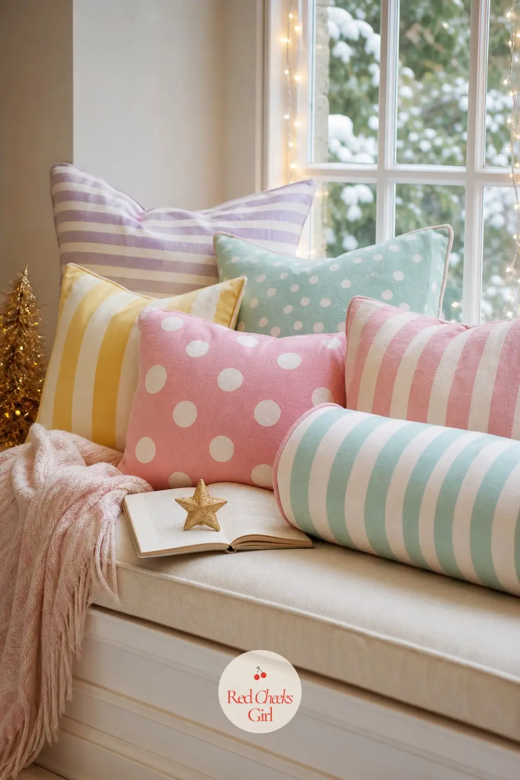 The Window Seat — A window seat dressed for this theme gets cushions in bold stripe and polka dot fabrics, pink against aqua, lemon against lavender, piled