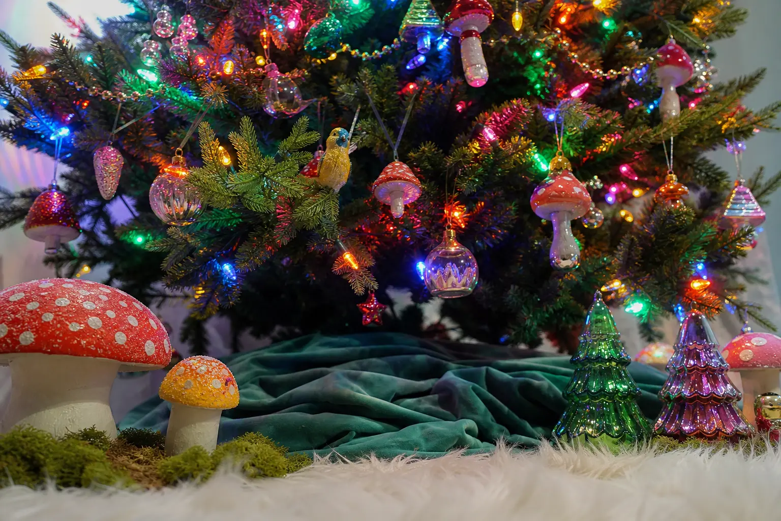 14 Whimsical Christmas Trees With Rainbow Lights, Glass Mushrooms and Clip-On Birds