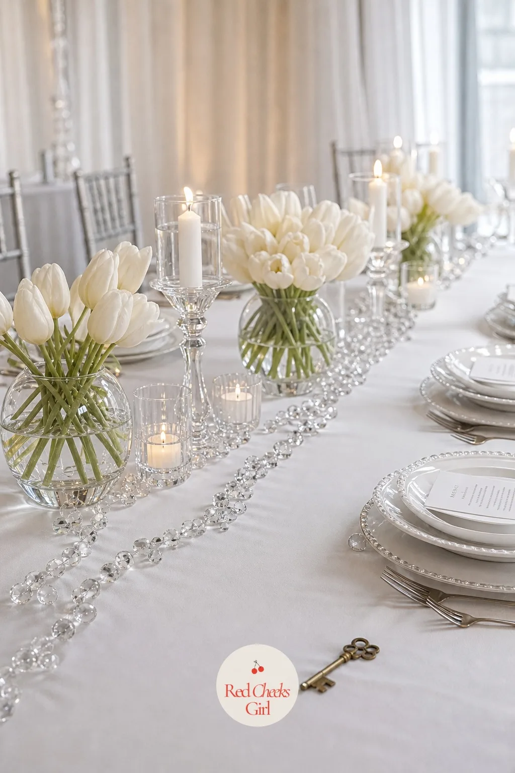 A Crystal Bead Table Runner — The tulips need something underneath them that catches light without competing for it. White bridal shower theme