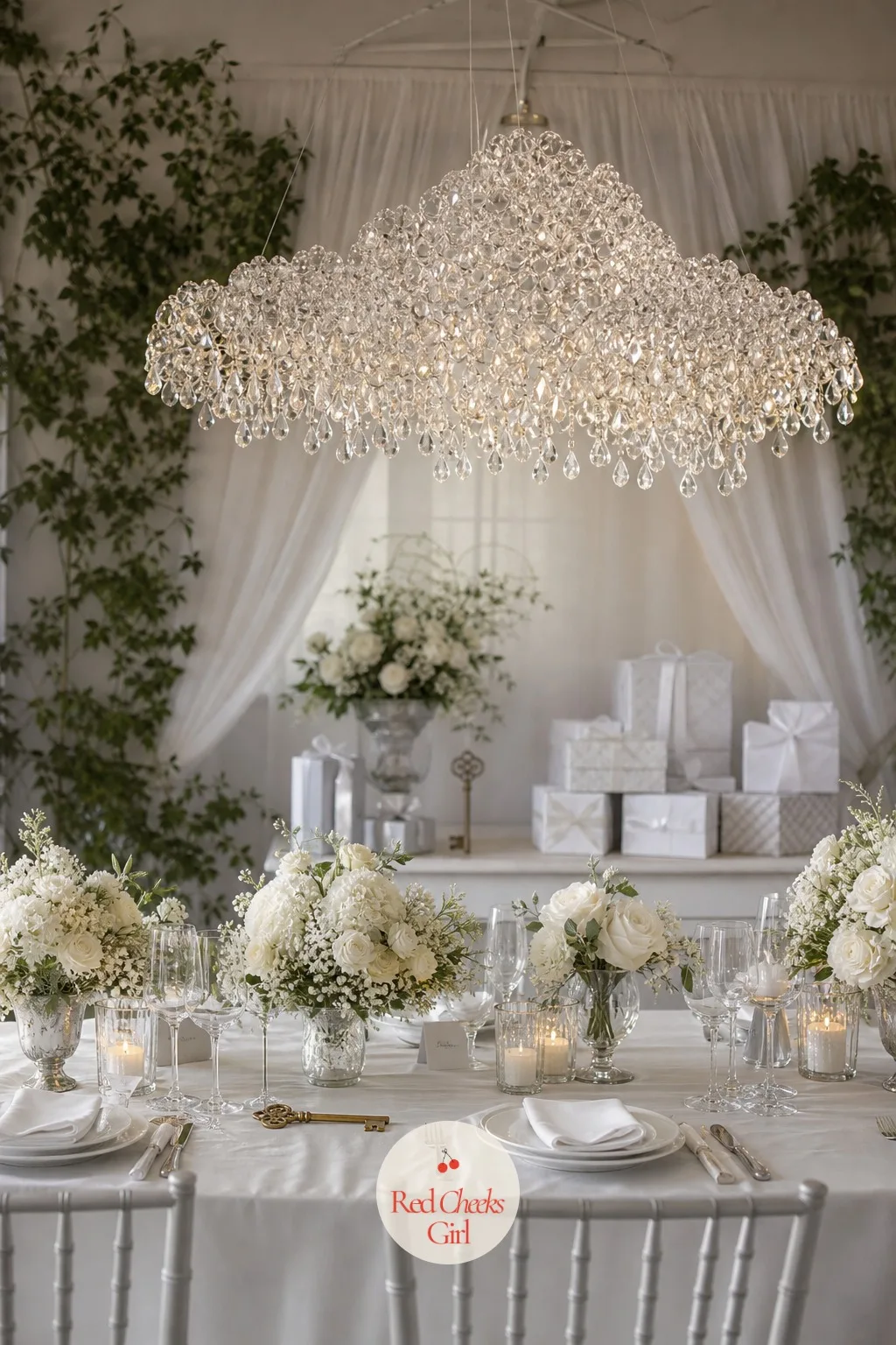 A Hanging Crystal Cloud — Guests look up before they look down, and a bare ceiling says nothing back to them. White bridal shower theme