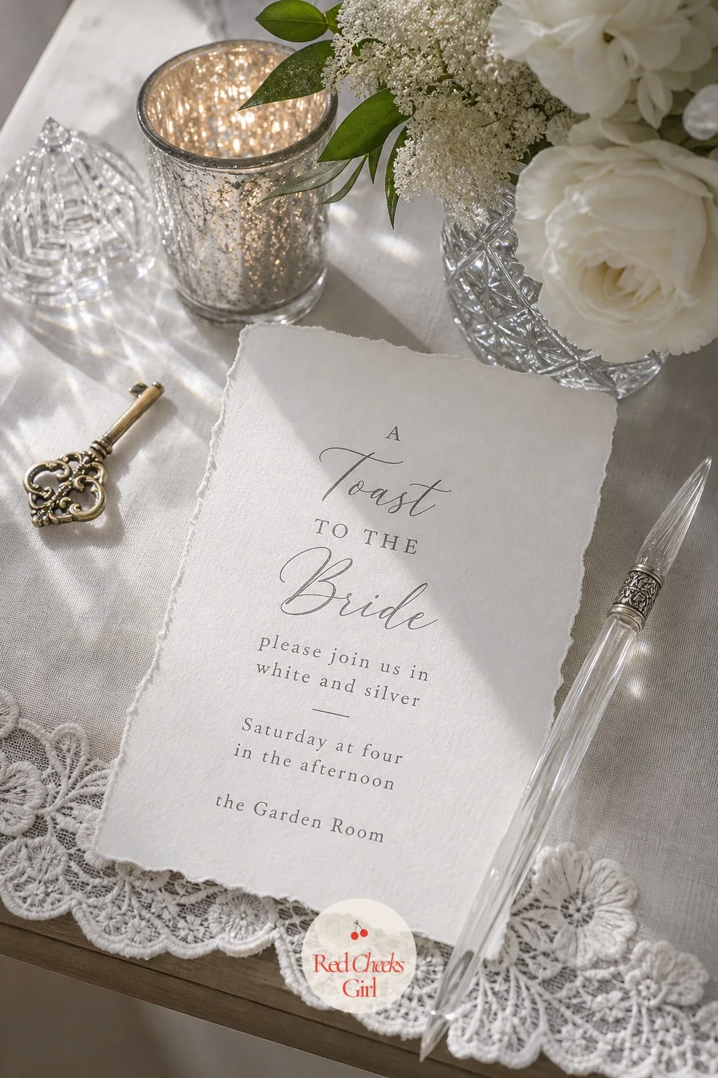 The Invitation — The invitation is the smallest thing on this whole list, and the first thing she sends. White bridal shower theme