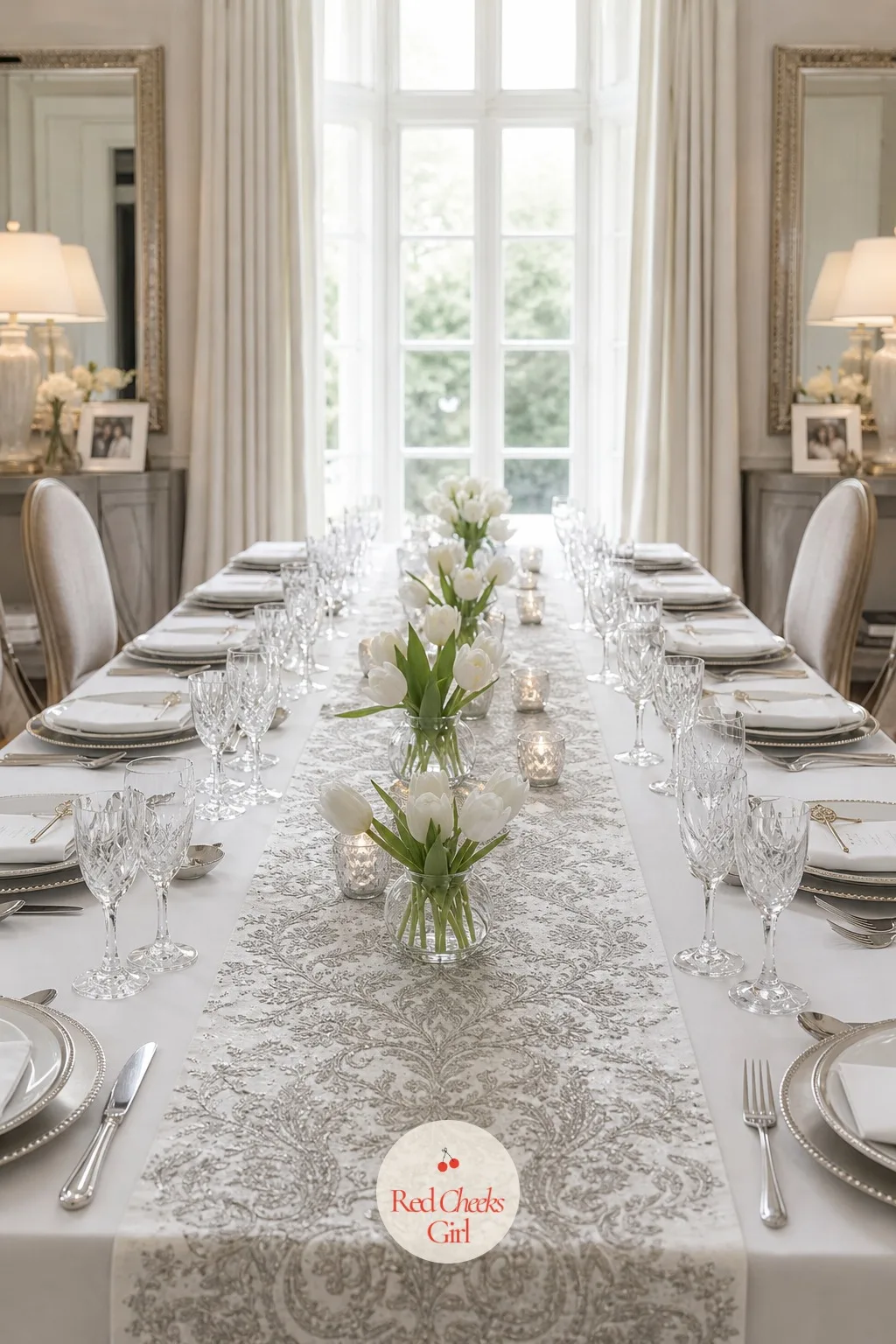 The Long White Table — This is the table everyone actually sits at for a few hours, not just the one they photograph on arrival. White bridal shower theme