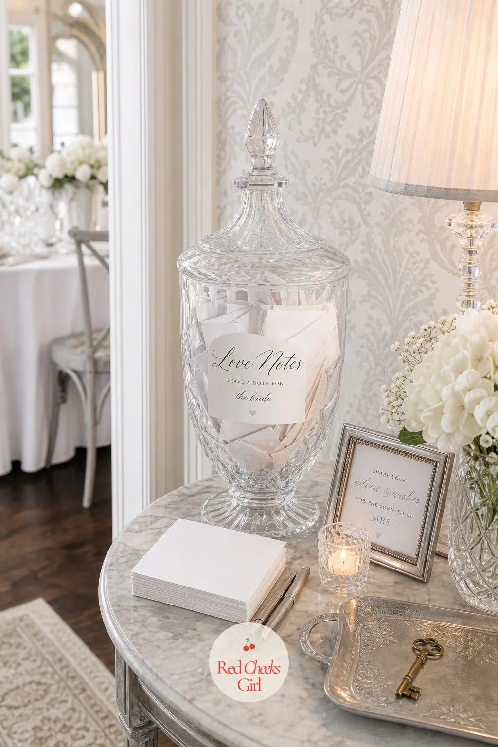 A Love Notes Jar — Not every guest wants a loud group game, and this gives the quieter ones somewhere to put their thoughts instead. White bridal shower theme