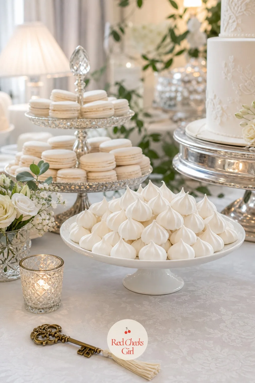 A Meringue Kiss Platter — For the guest who skips both cake and macarons, something smaller and plainer still has to be on the table. White bridal shower theme