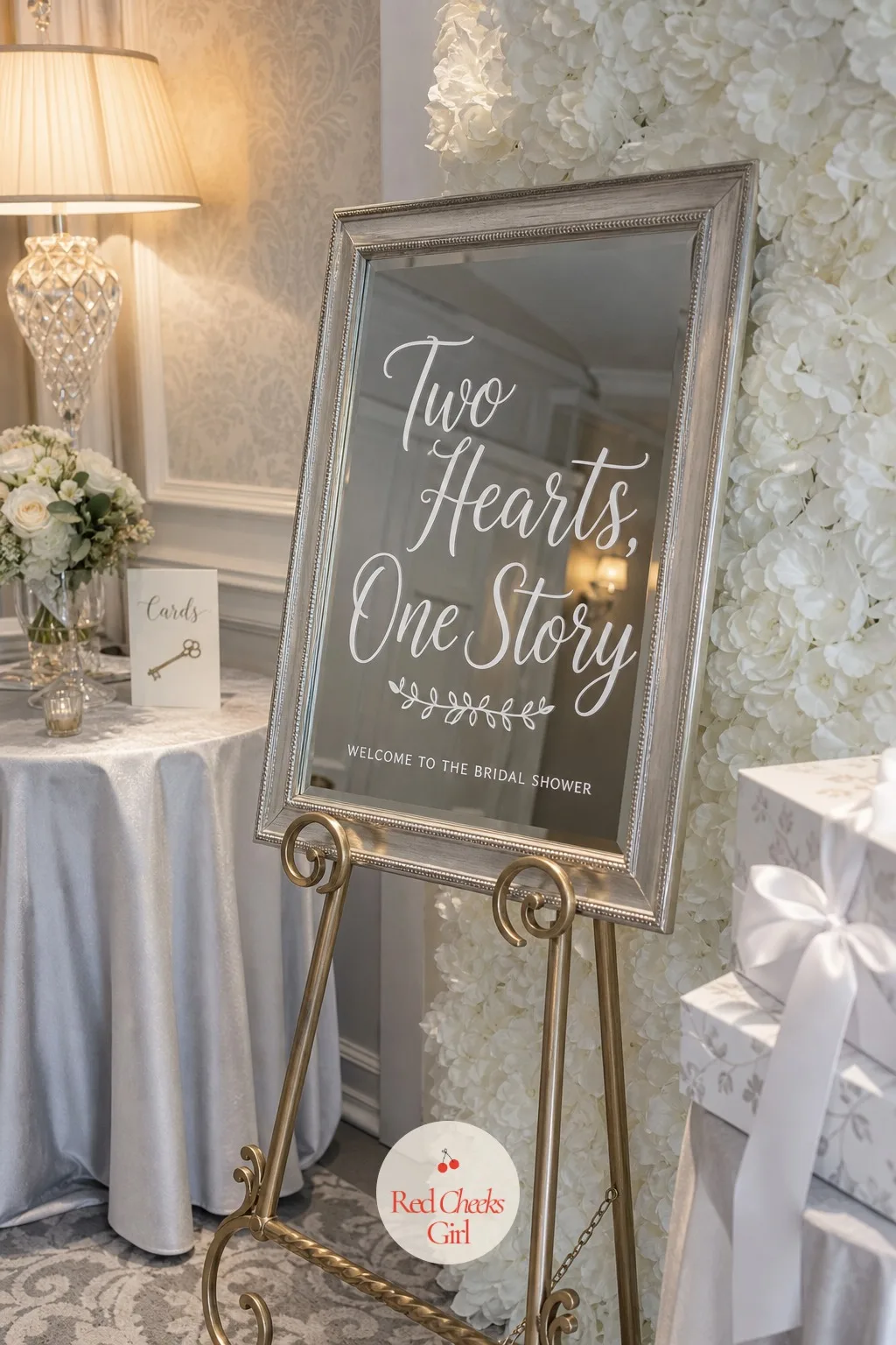 The Mirror Welcome Sign With a Love Quote — She wants the first line guests read to be about her and him, not directions to the coat rack. White bridal shower