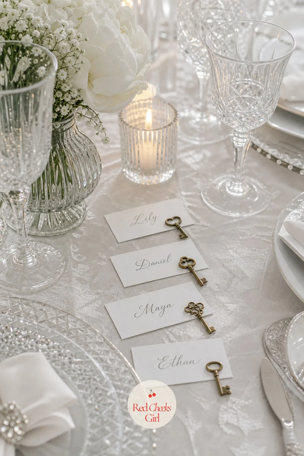Place Cards in Silver Script — Each seat needs a name on it, and this is the first place the brass key motif can appear before it ever reaches the favor tray.