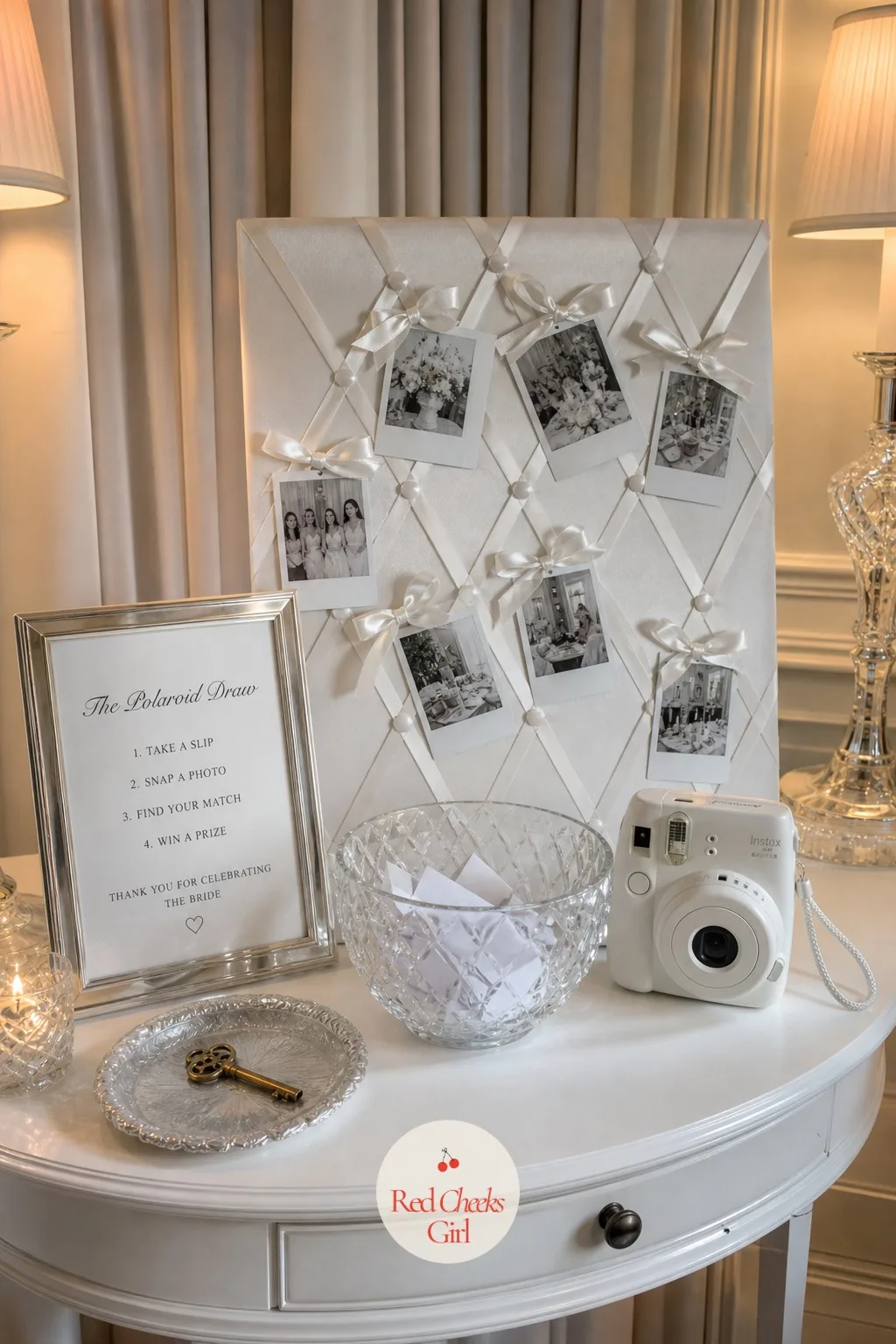 The Polaroid Draw — She would rather skip the scramble for a bouquet. White bridal shower theme