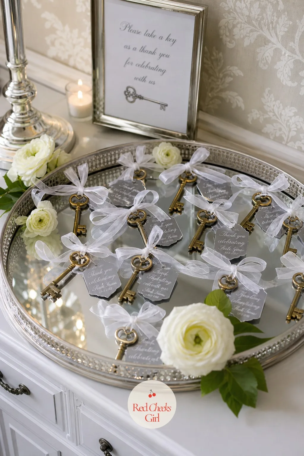Small Brass Key Favors — A favor that looks intentional on a shelf afterward beats one shoved straight into a junk drawer. White bridal shower theme
